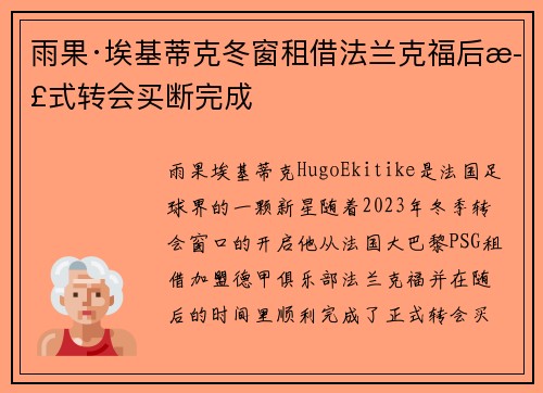 雨果·埃基蒂克冬窗租借法兰克福后正式转会买断完成